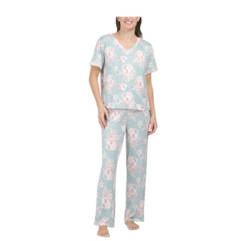 Flora Nikrooz Womens Green Floral Soft V Neck Top Pants Pajamas Set Sz M New